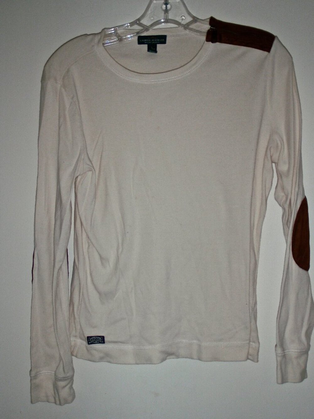 LRL LAUREN JEANS CO. WOMEN'S BEIGE LONG SLEEVE TOP BROWN SUEDE ELBOW PADS SIZE L